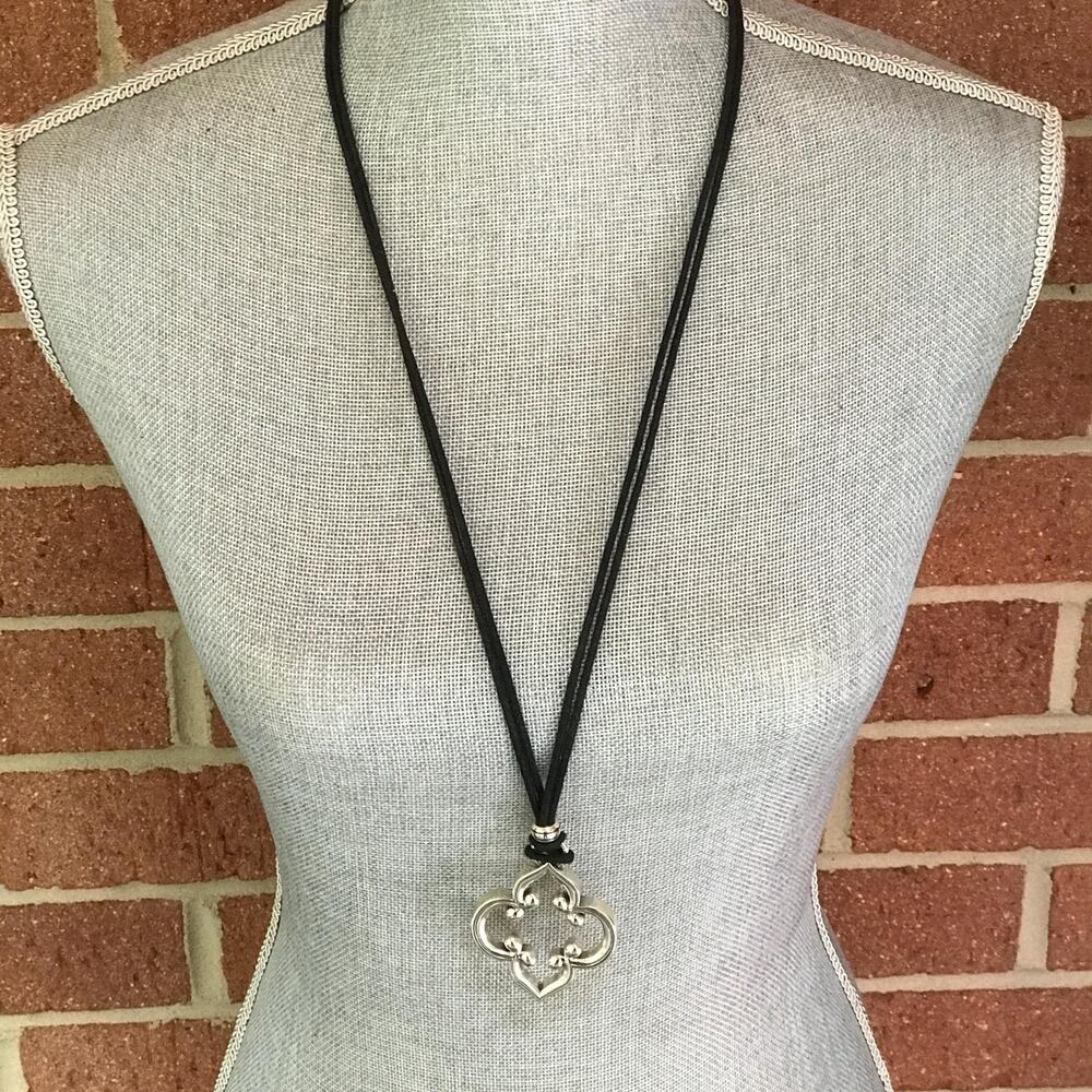 Brighton Silver Tone Quatrefoil Pendant Necklace - Long Black Cord - Designer
